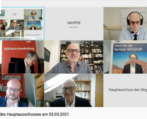 Screeshot der 86. Sitzung des Hauptausschusses: 6 Männer im Videocall